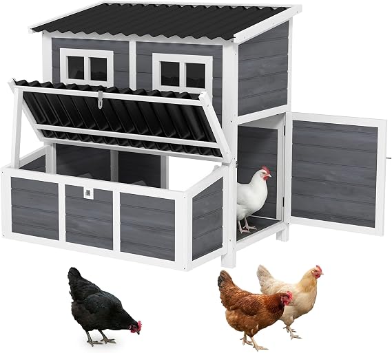 PawHut Wooden Chicken Coop 39" with Nesting Box for 2-4 Chickens Light Gray