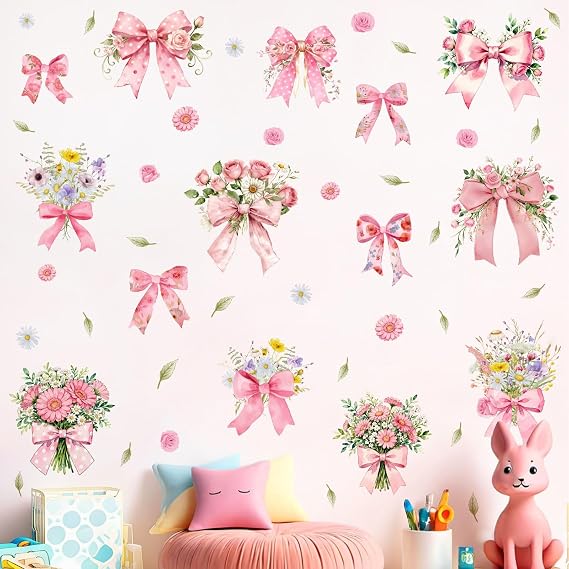Pink Bow Wall Decor Sticker Flower Girls Bedroom Wall Decals Peel and Stick