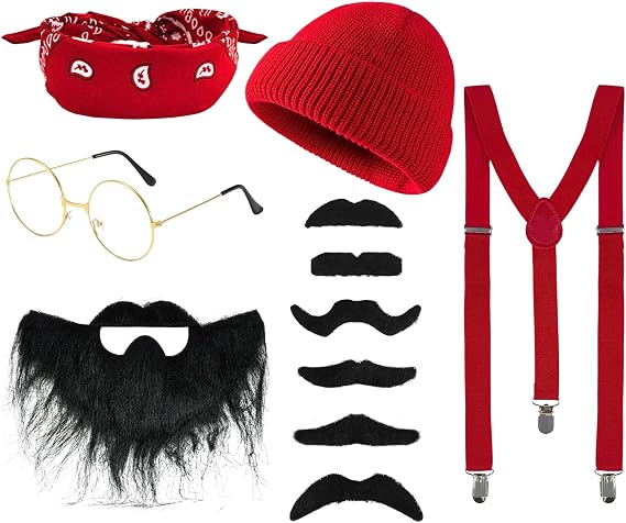 13-Piece Halloween Mens Costume Accessory Set - Glasses, Bandana, Mustaches, Beanie, Suspenders for Party & Cosplay