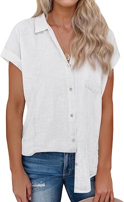 siliteelon Linen Shirts for Women Button Down Shirts Short Sleeve Cotton Collared V Neck Solid Casual Blouses with Pocket