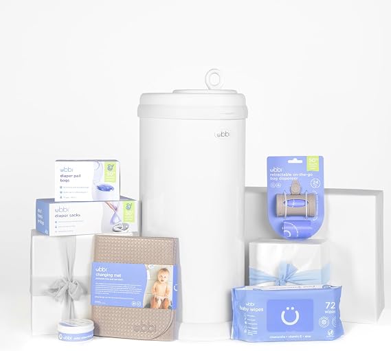 Ubbi Diaper Change Gift Set Matte White Diaper Pail Absorbent Gel Travel Changing Mat Pail Wastebag on the Go Trash Bag & Bag Dispenser Baby Wipes Baby Registry Gift