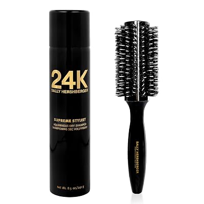 SALLY HERSHBERGER 24K Volumizing Dry Shampoo and Large Round Brush - Texturizing, Gold Infused Spray for Clean, Refreshed Hair - Paraben and Sulfate Free - Smoothing Barrel Hair Brush - 2 pc