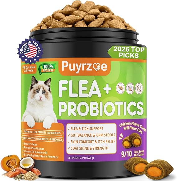 Puyrzoe Natural Flea and Tick Prevention for Cats, Itch Relief, Skin & Coat Support, 500 Chews with 6-Strain Probiotics, Gut & Immune Health, Flea Treatment for Cats, Chicken Flavor, All Breeds & Ages
