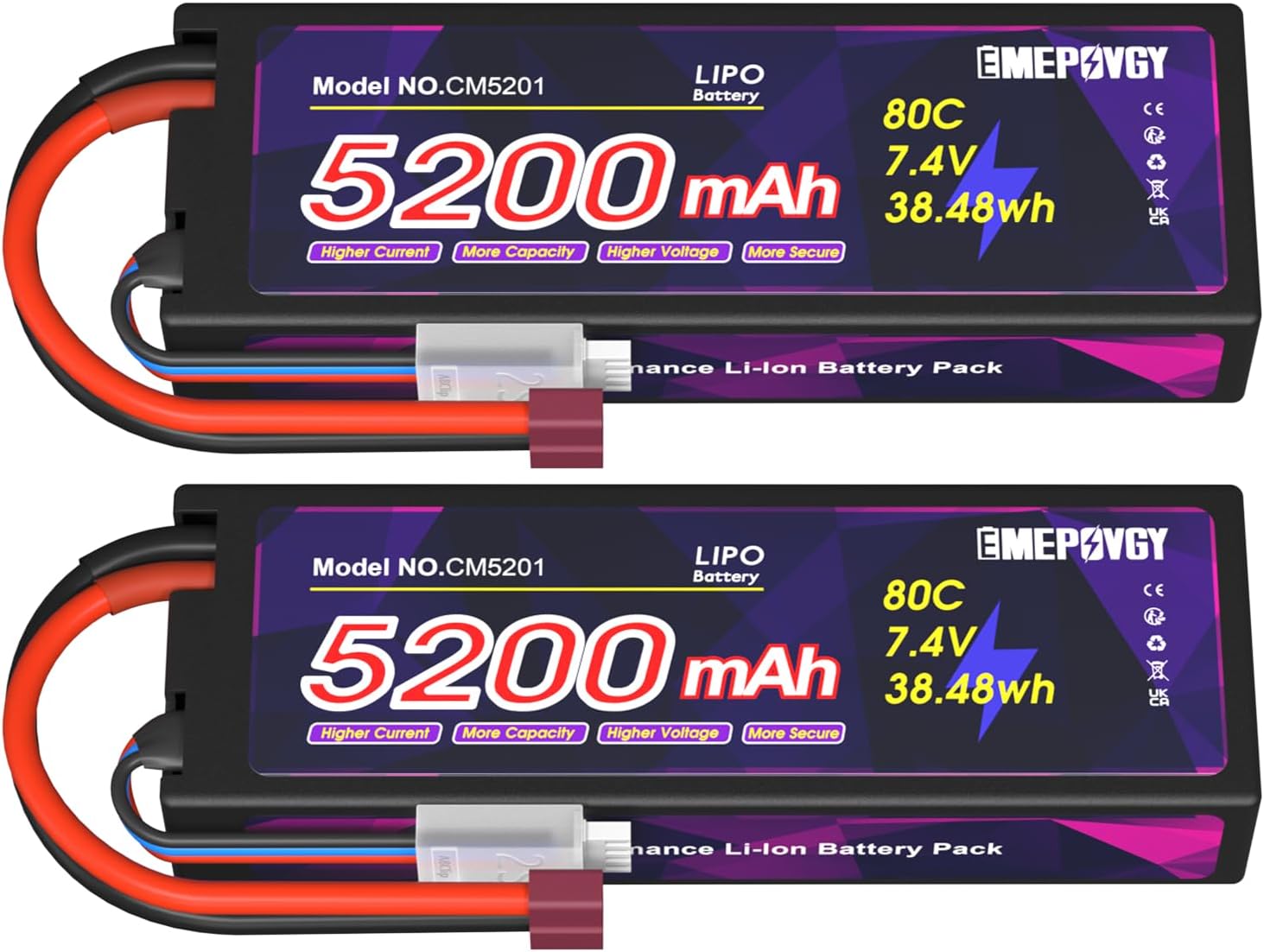 7.4V LiPo Battery 5200mAh 80C 2S Lipo Battery Set of 2 with Deans T Suitable for Many RC CarsRC Trucks, etc