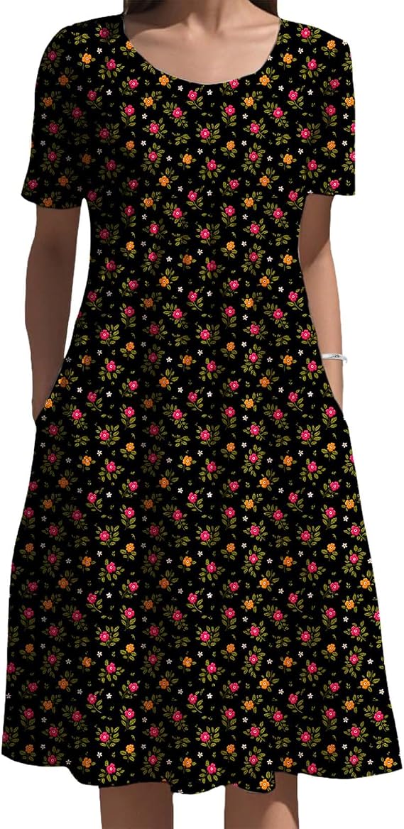 Womens Floral Printed Dresses Short Sleeve Crew Neck Baggy Plus Size Long Dress with Pockets for 2025 Summer