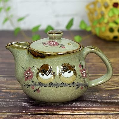 Kutani Yakiware Japanese Teapot Sparrow with tea strainer