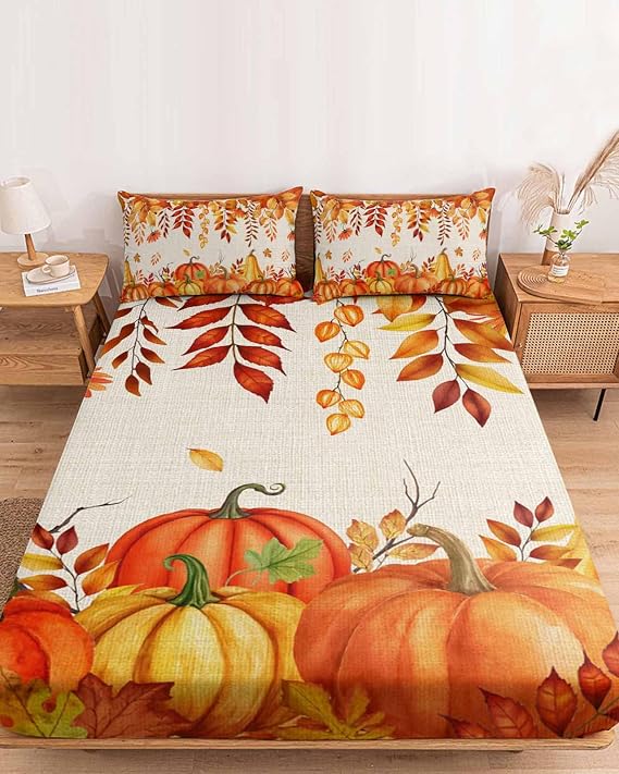 Bedding Full Size Fitted Sheets Fit 5"-16" Deep Pocket Mattress,Farm Autumn Pumpkin Maple Leaf Soft Bottom Sheet Thanksgiving Plant on Burlap Fitted Sheet Bed Set with Pillow Case