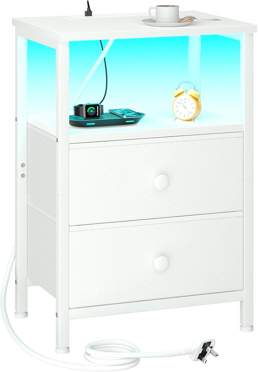 Bedside Table with Charging Station, Side Table with LED Light, Nightstand with 2 Fabric Drawers and Open Storage Shelf, Small Bedside Cabinet for Living Room, Bedroom, White UHETS02WT-1