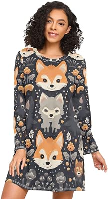 Night Shirts for Women, Long Sleeve Nightgowns for Women, Lounge Pajama Dress for Fall, Cute Fox