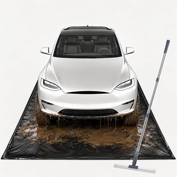 7'9" x 16' PVC Waterproof Garage Floor Mat with Floor Squeegee | Heavy Duty 1300D PVC Containment Mat, Waterproof Protection from Snow, Rain and Mud for Cars