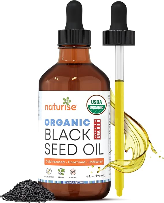 Naturise USDA Black Cumin Seed Oil Organic Nigella Sativa Black Seed Oil Organic Cold Pressed & Unrefined in Glass Bottle Vegan, Non-GMO Blackseed Nails & Hair Growth Oils (4 fl oz)