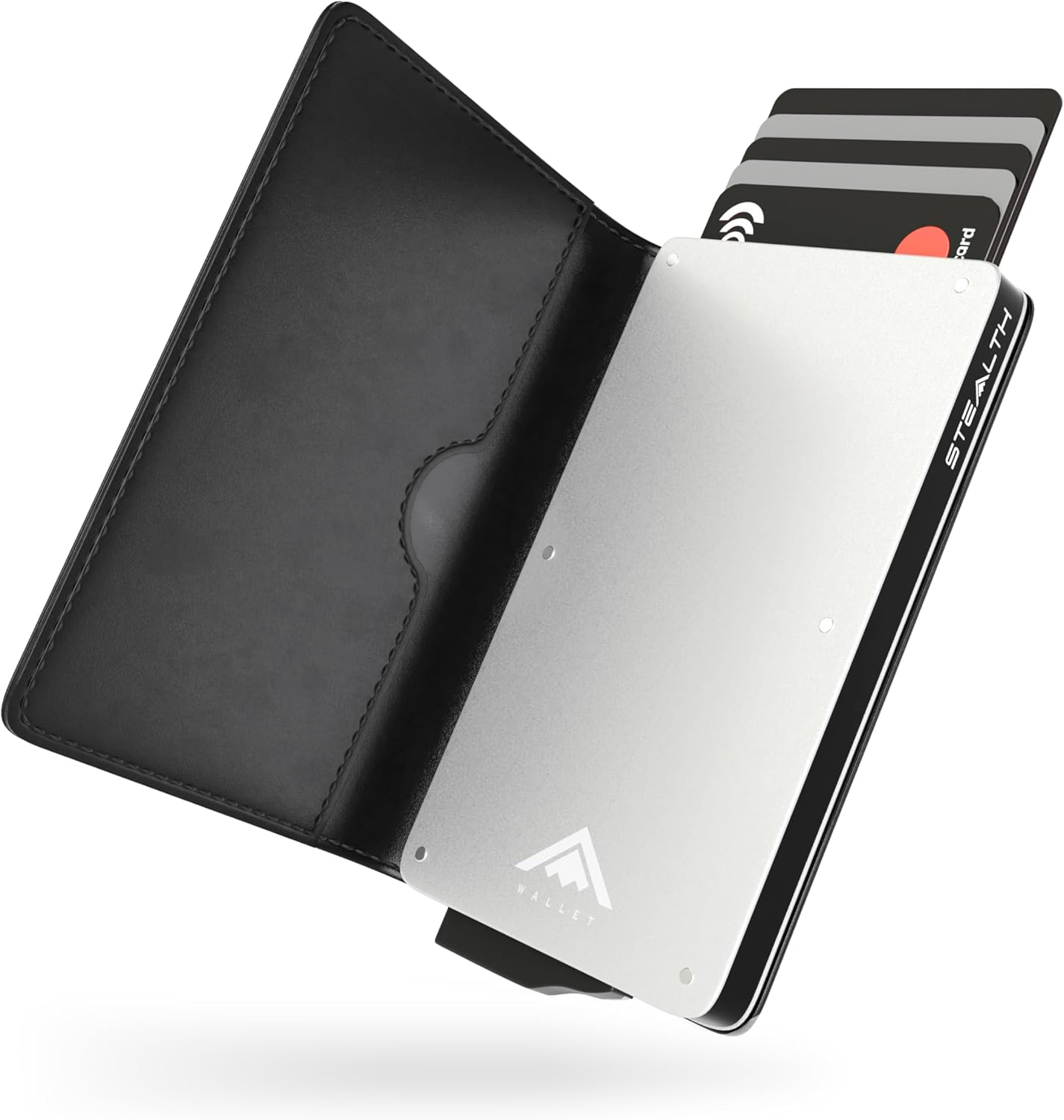 Stealth Wallet RFID Card Holder Wallet - Smart Minimalist Pop Up Wallets with Gift Box - Slim Lightweight Metal Credit Card Holders for Men & Contactless Protector (Silver Aluminium, Black Leather)