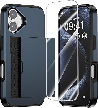 ZUSLAB Card Holder Slot Case Compatible with Apple iPhone 16 6.1 Inches 2024, Phone Wallet Case with 1 Tempered Glass Screen Protector, Rubber & PC Bumper Cover for Women Men, Dark Blue