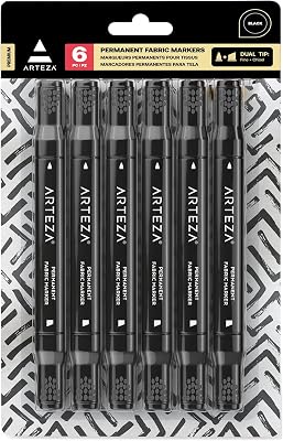 ARTEZA Black Fabric Markers, Set of 6, Permanent Textile Markers, Dual-Tip Pens for Coloring T-Shirts, Jeans, Jackets, Backpacks