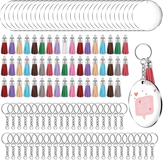 200 Pcs Acrylic Clear Keychain Blanks Tassels Set Including Key Rings with Chain and Jump Rings for DIY and Keychain Crafting (Round, 50 Sets)