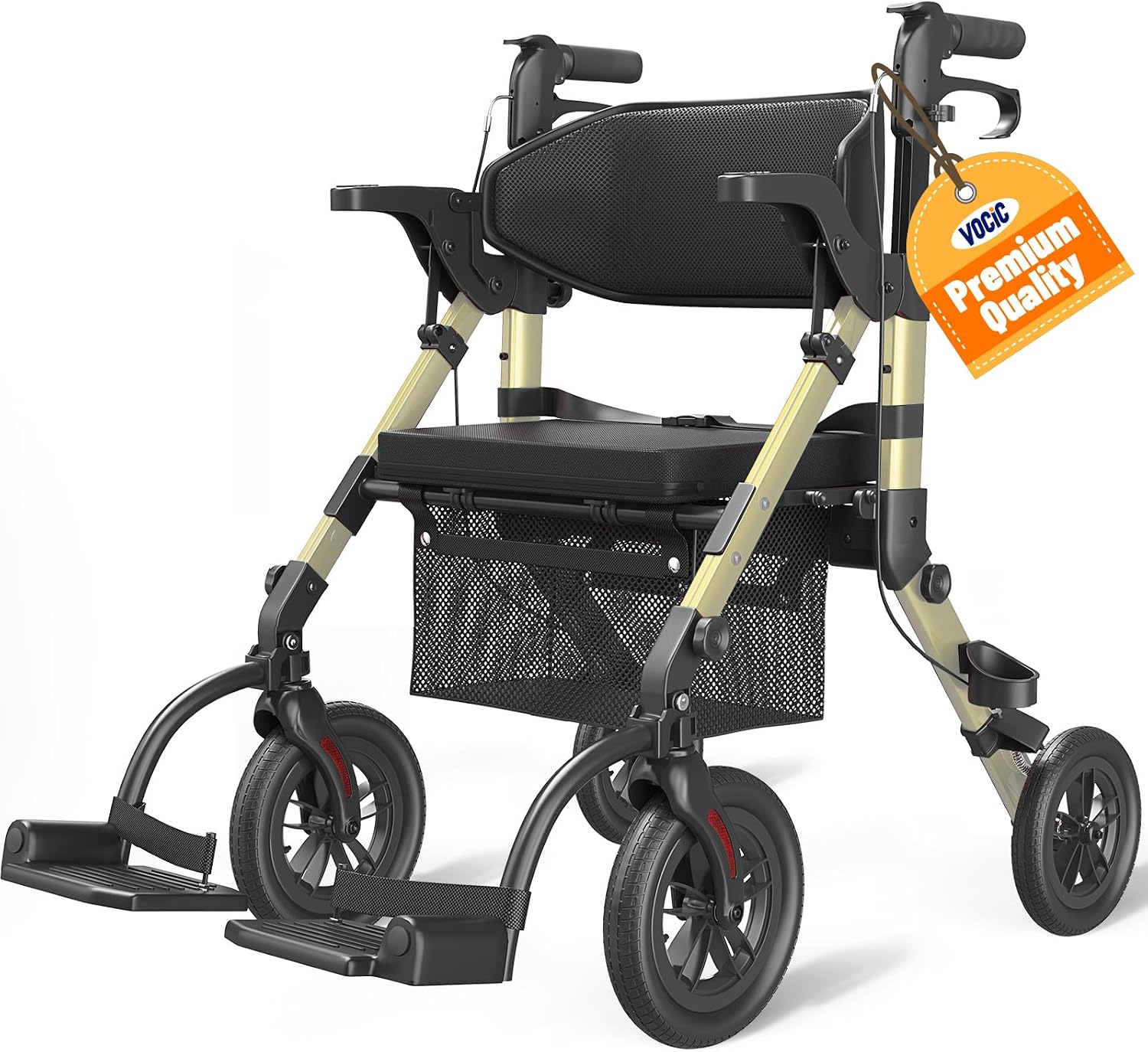 VOCIC Senior Walker with Seat, Roller Walker Transport Wheelchair, Lightweight Folding Adult Rolling Walker, Roller Transport Chair with Brake, 2-in-1 Walker Wheelchair Combo Z51-2024 New
