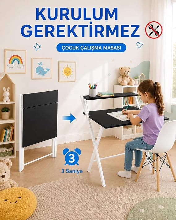 Dobo Çocuk Öğrenci Katlanır Çalışma Masası Ders Masası, Beyaz - Siyah
