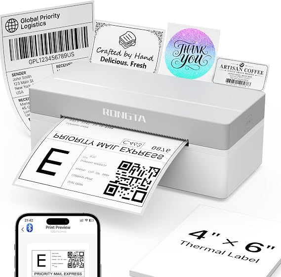 Rongta Bluetooth 4x6 Wireless Thermal Shipping Label Printer,White | Wireless Bluetooth Thermal Label Printer, Ideal for Shipping Labels for Package, Barcode Labels for Small Business