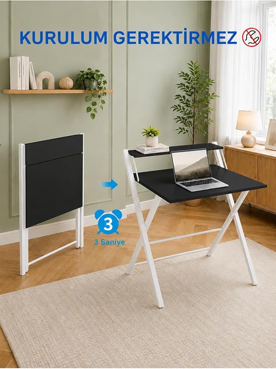 Bodo Metal Ayaklı Katlanır Laptop Masası Raflı Çalışma Masası Sehpası, Beyaz - Siyah