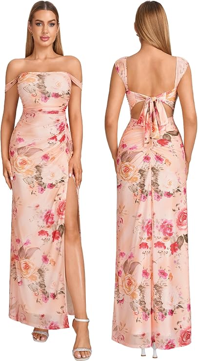 HTZMO Womens Off The Shoulder Wedding Guest Formal Floral Split Maxi Dress