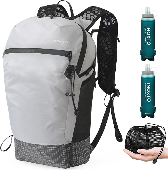IX INOXTO Hiking Backpack 15L/22L Ultra Lightweight Packable Travel Backpack Small Waterproof Foldable Outdoor Day Pack with Two 500ML soft flasks for Men Women (Grey)