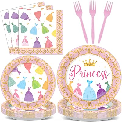 Qyeahkj 100 Pcs Princess Birthday Plates and Napkins Princess Themed Party Supplies Cartoon Dress Party Decorations Crown Disposable Tableware Dinnerware Set for Girls Engagement Baby Shower Serves 25