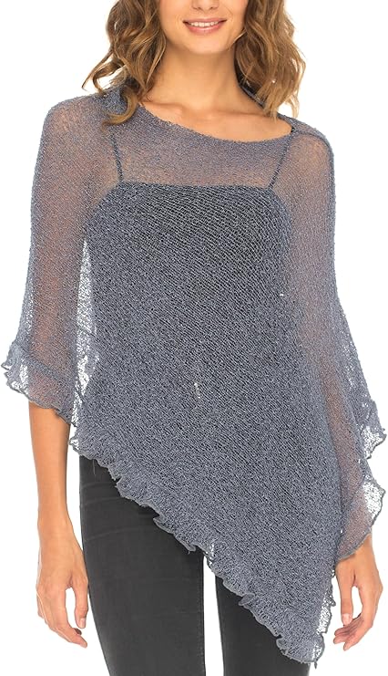 SHU-SHI Womens Sheer Knit Poncho Shrug Lightweight Asymmetrical Ruffle Wrap Dressy Summer Shawl Cover Up Top