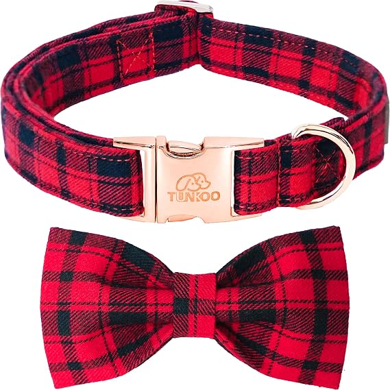 Tunkoo Christmas Dog Collar with Bow Tie - Super Cute Red Cotton Plaid Pet Collar, Adjustable Available in Small Medium Large for Girls Boys Dogs, L