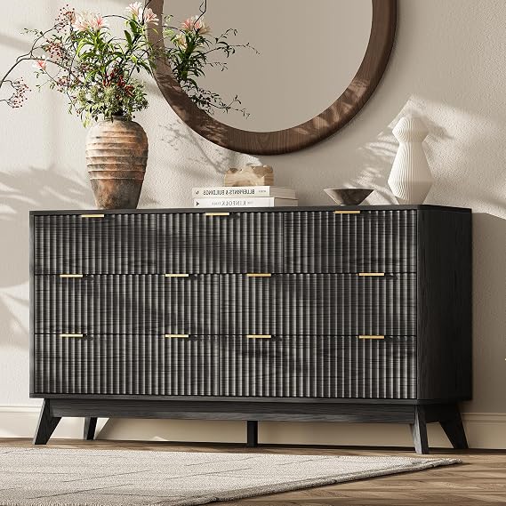 54" Wide Fluted 7 Drawers Dresser for Bedroom,Curved Edge,Black | Wooden Closet Organizer for Bedroom,Fluted Dresser with Metal Handle for Living Room,Modren Chest of Drawers for Hallway