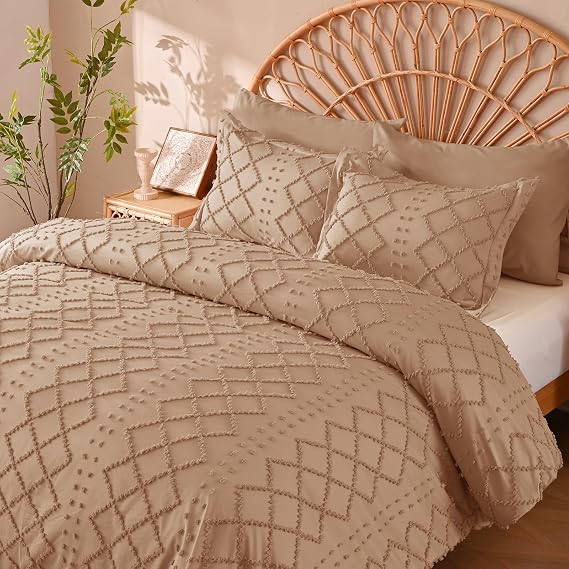Manyshofu 5Pcs Boho Full Duvet Cover Set - Tufted Taupe Duvet Cover Pattern, Shabby Chic Boho Bedding Set Textured Comforter Covers with Embroidery Pillow Shams