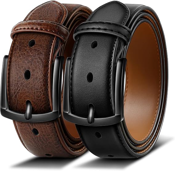 BULLIANT Mens Belts 2Pack, Leather Belt 7 Holes 1 3/8"
