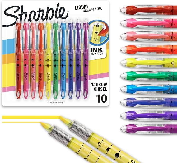 Sharpie Liquid Highlighters, Chisel Tip, Assorted Colors, 10 Count - Journaling, School, Study Supplies