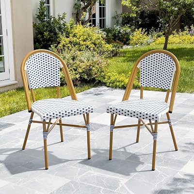 ONBRILL French Wicker Bistro Chair Set of 2, Outdoor Dining Chairs with Natural Woodgrain Aluminum Frame, Rattan Accent Stackable Patio Chairs for Porch Backyard Garden Kitchen, Navy Blue and White