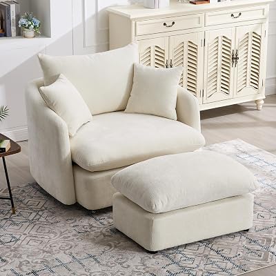 46.1 Oversized Swivel Accent Chair with Ottoman, Modern Swivel Barrel Chair for Living Room, 360 Degree Accent Chair, Upholstered Sofa Armchair for Bedroom, Chenille, Beige