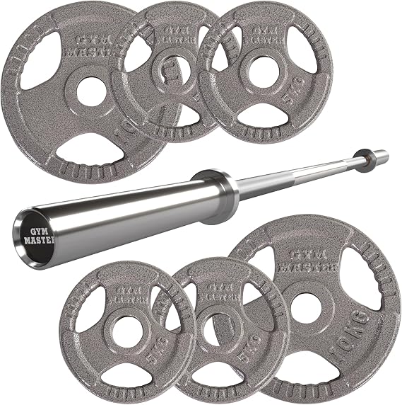 GYM MASTER Olympic 5ft Barbell Bundle with 40kg Tri Grip Cast Iron Weight Set (7 Items)