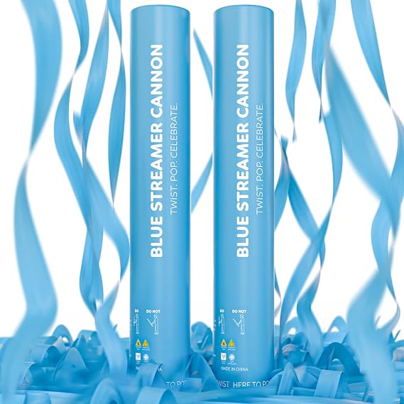 Blue Streamer Poppers and Cannons, Biodegradable, No-Mess, 2-Pack