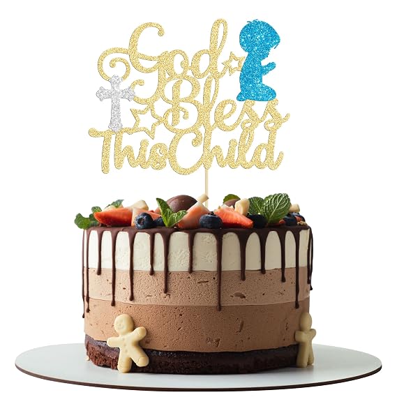 Gyufise 1 Pack God Bless This Child Cake Topper Glitter First Communion God Bless Boy Cake Pick Decorations for Baptism Baby Shower Birthday Christmas Party Decorations Supplies