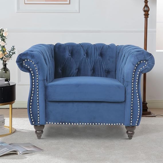 LEVNARY Velvet Chesterfield Chair, Mid-Century Modern Single Sofa Chair with Button Tufted Backrest and Nailhead Decor, Tufted Upholstered Rolled Armchair for Home Bedroom Reading Room (Blue)