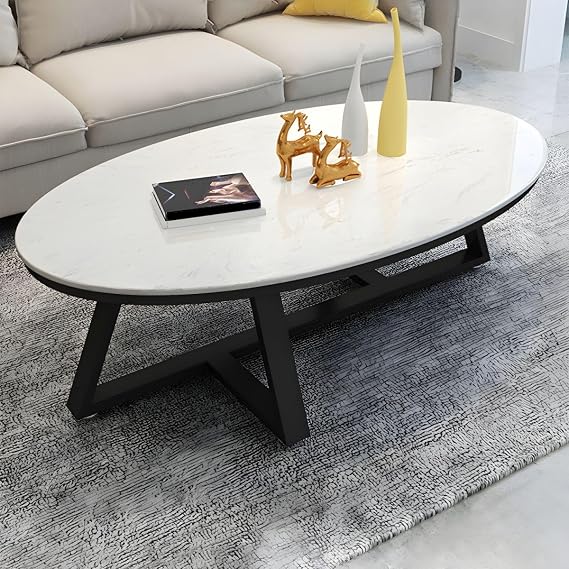 Nordic Faux Marble Oval Coffee Table - White Top, Black Base - 39.5" L x 19.5" W x 18" H