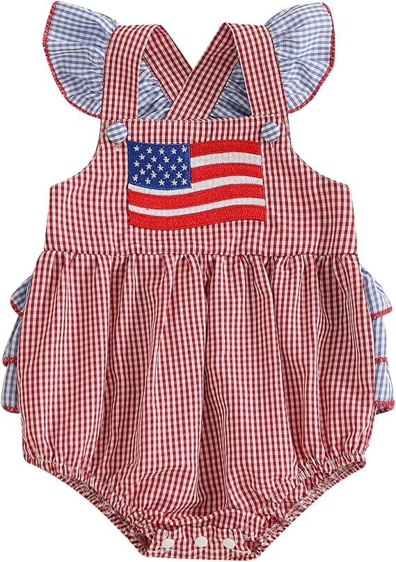 Baby Girl 4th of July Outfit USA Flag Print Romper with Headband Independence Day Clothes