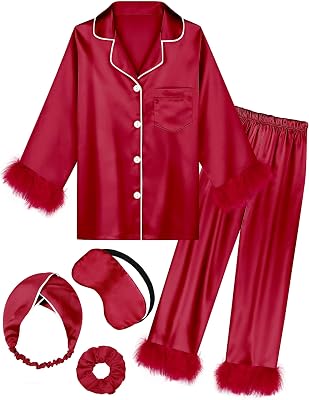 EPLAZA Kids Satin Pajamas for Girls Silk Pajamas Set 2-Piece Feather Long Sleeve Button Down Pjs Set Sleepwear with Eye Mask