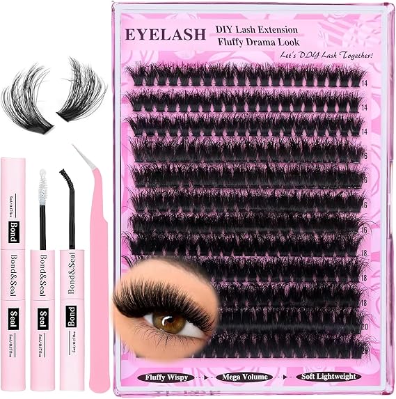 240Pcs Cluster Lashes Kit - Cluster Lashes Kit Long, 14-20mm Fluffy Individual Eyelashes Set - Russian D Curl Lash Clusters for Thick Volume, Natural Look, DIY Extensions - Beginner Friendly, 200D