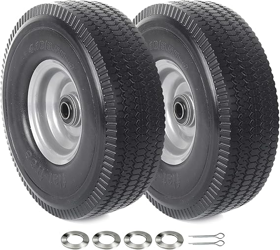 AR-PRO (2-Pack) 10-Inch Solid Wheel Replacement - 4.10/3.50-4 Flat Free Tire and Wheel with 5/8 extra 3/4 &1/2 Bearings and 2.25" Offset Hub - Compatible with Hand Truck, Generator, Gorilla Carts