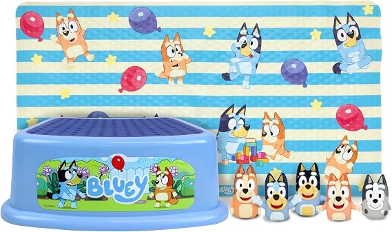 Bluey Bath Time Fun Set - Bath Finger Puppets, Vinyl Bath Mat, Step Stool
