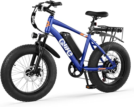 Qlife Racer Fat tire Electric Bike for Adults - 28MPH Mountain Ebike with Peak 1200W Brushless Motor, 499Wh Removable Battery, 20X4.0 Tire Step Over E-MTB with 7-Speed Navy with F&R