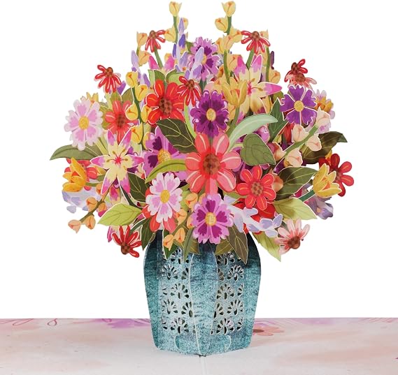 Paper Love Frndly, 3D Charming Flower Bouquet Pop Up Card, For All Occasion, Mothers Day, Thank You, Just Because -100% Recycled and Eco-Friendly, Handmade, 8" x 6" Cover - with Removable Note Tag