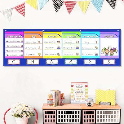 Classroom Pocket Chart with 6 Clear Pockets - 57x18 Wall Organizer for Teachers, Homeschool & Office | Fits 8.5x11 Papers, Posters, Artwork Display Blue-6 Pockets