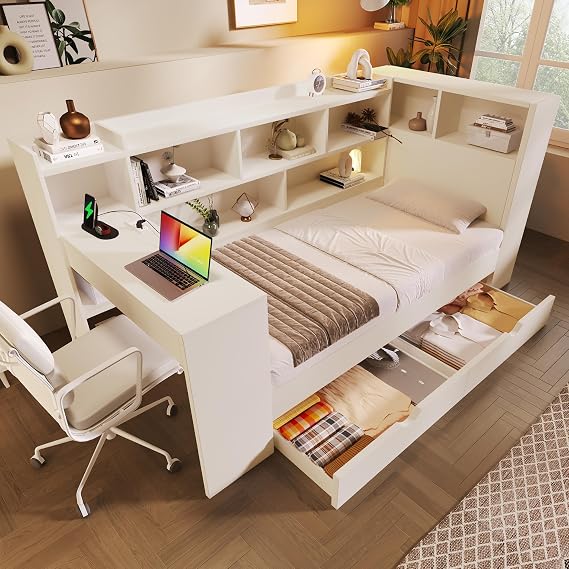 3ft Single Bed Frame with 2 Drawers&Bookcase&Computer Desk, Functional Daybed Wooden Platform Bed with Charging Station, Storage Bed Sofa Beds Guest Beds for Living Room&Bedroom, No Mattress, White