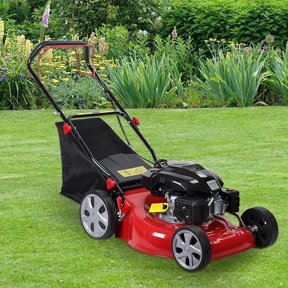 Self-propelled Lawn Mower, 20 Inch Lawn Machine Adjustable Length 141cc Gas Engine Mower, Ergonomic Handle 2850rpm Walk Behind Mower with 50L Grass Tank High Rear Wheel for Lawn Care Red