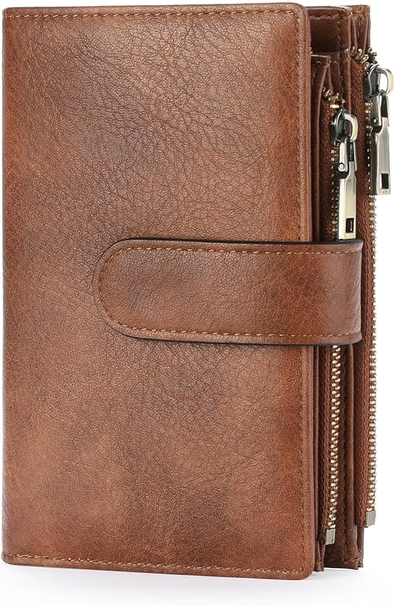 GOIACII Leather Purses for Women, Bifold Compact Womens Wallet with RFID Blocking, Medium Ladies Purse Credit Card Wallet with 16 Card Slots and Zip Coin Pocket
